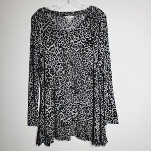 CJ Banks‎ Animal Print Top Plus Size 1X Long Sleeve Pullover Stretch Gray Black